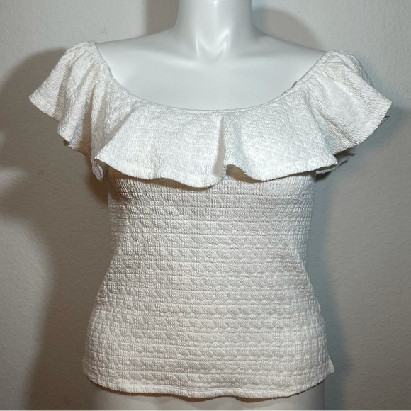 Anthropologie White Off Shoulder all around elastic smocking Blouse  Anthro - Picture 1 of 11